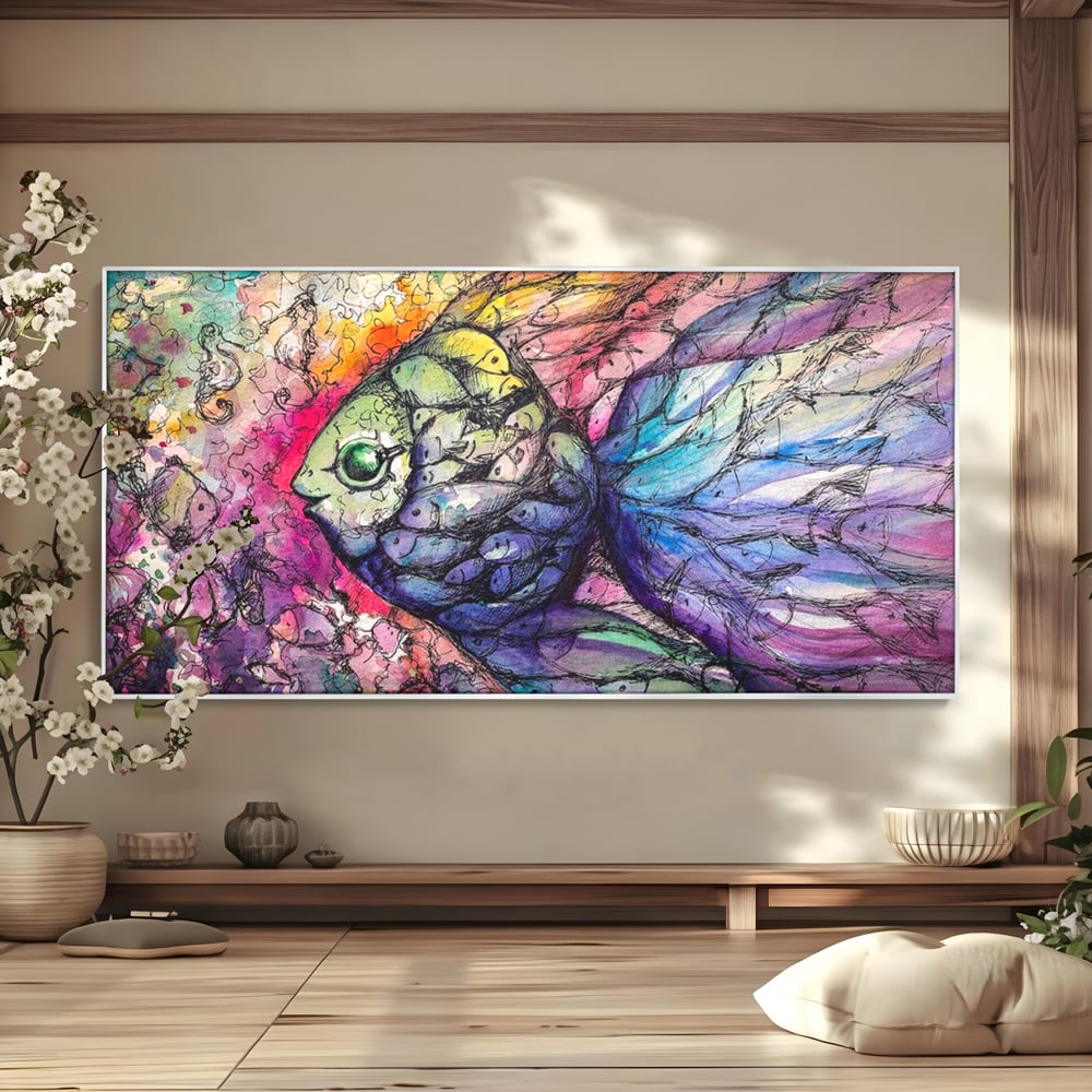 Tablou canvas cu tablou canvas cu peste mare din pesti mici, in rama de aluminiu argintiu